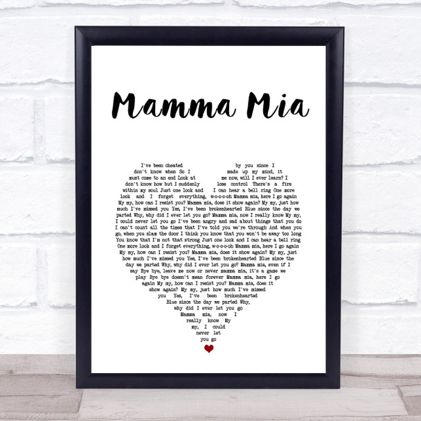 ABBA Mamma Mia White Heart Song Lyric Print