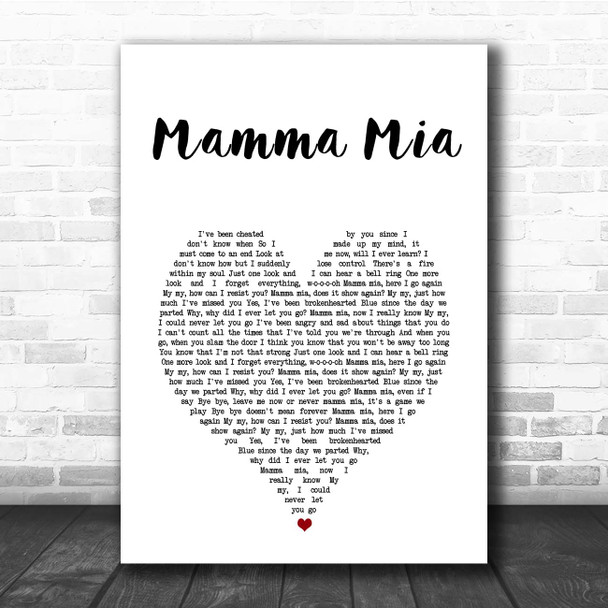 ABBA Mamma Mia White Heart Song Lyric Print