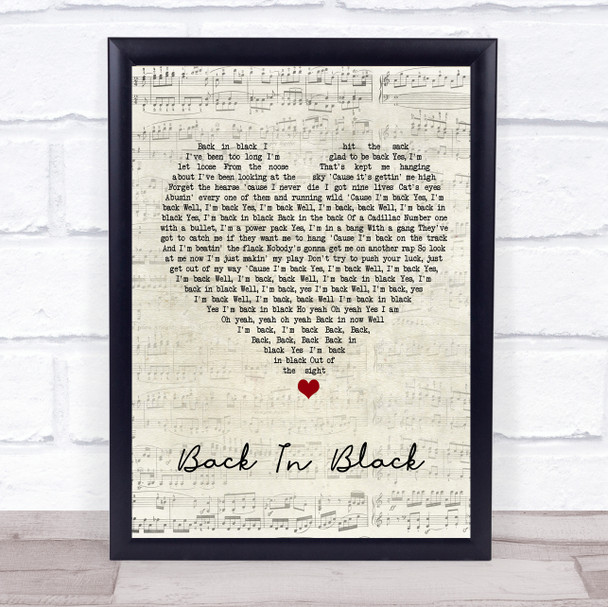 ACDC Back In Black Script Heart Song Lyric Print