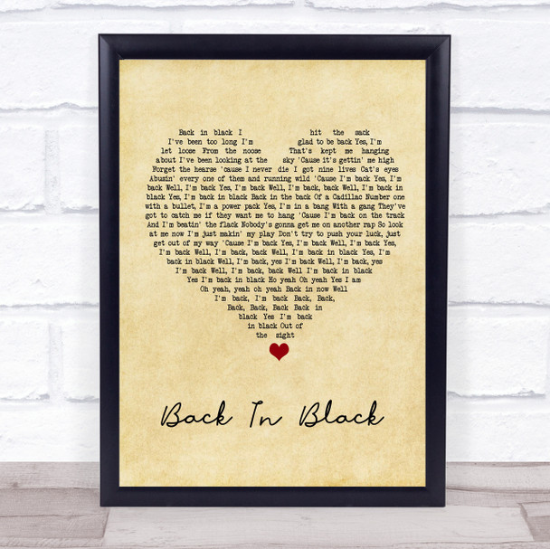 ACDC Back In Black Vintage Heart Song Lyric Print