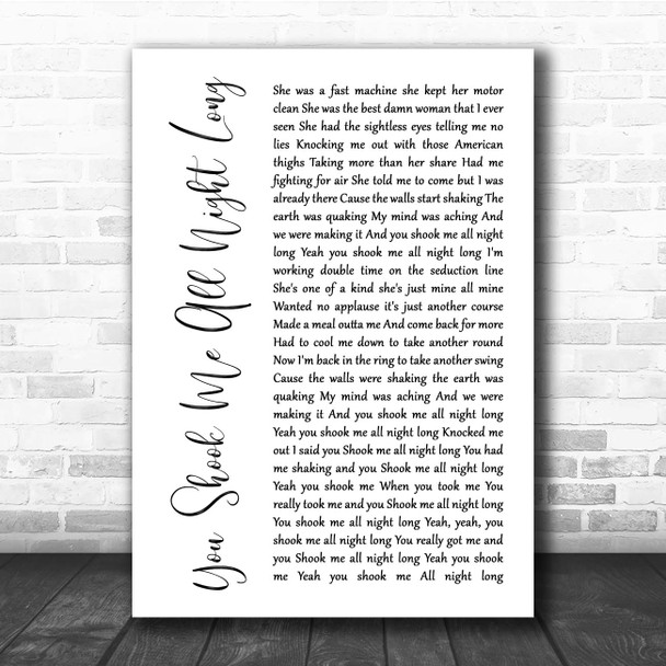 ACDC You Shook Me All Night Long White Script Song Lyric Print