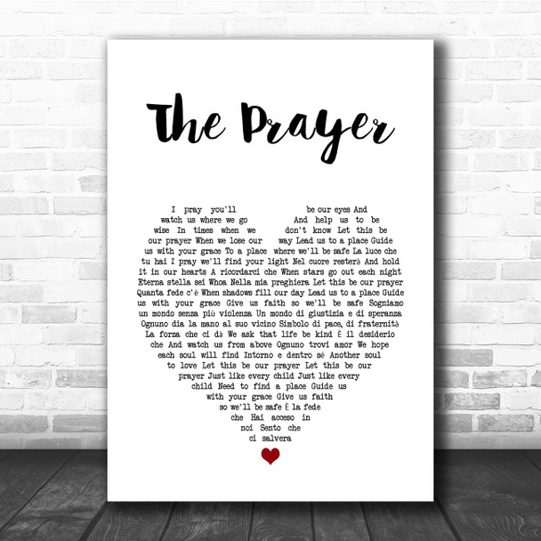 Andrea Bocelli & Celine Dion The Prayer White Heart Song Lyric Print