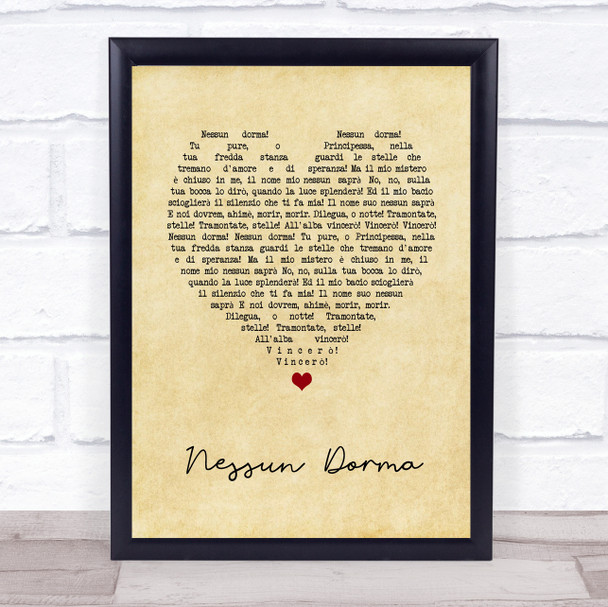 Andrea Bocelli Nessun Dorma Vintage Heart Song Lyric Print