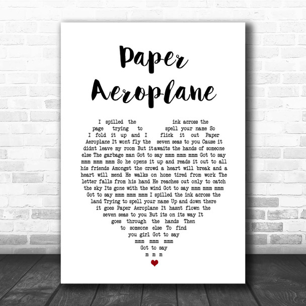 Angus & Julia Stone Paper Aeroplane White Heart Song Lyric Print