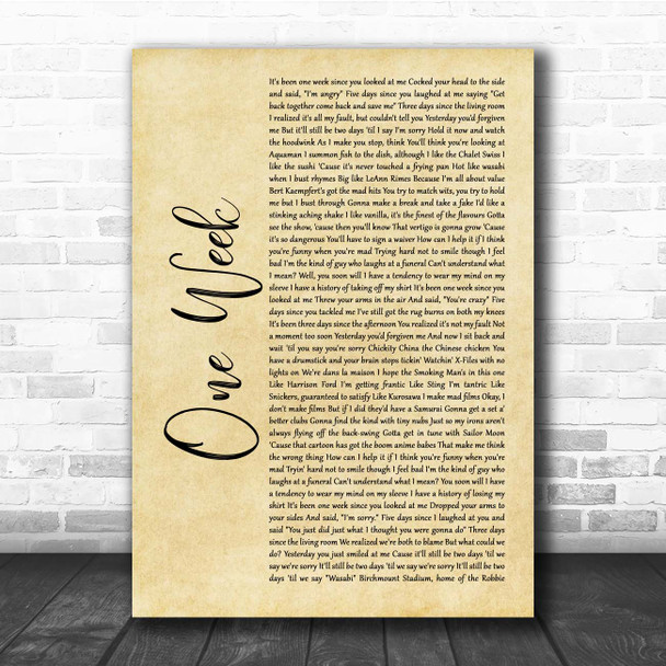 Barenaked Ladies One Week Rustic Script Song Lyric Print