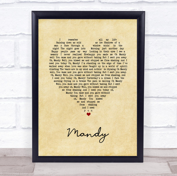 Barry Manilow Mandy Vintage Heart Song Lyric Print