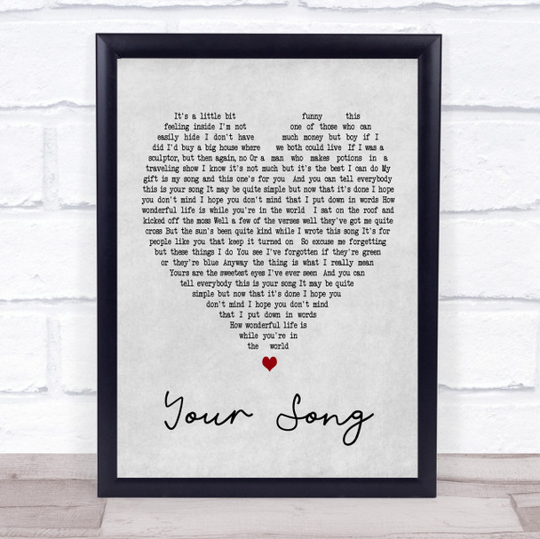 Your Song Elton John Grey Heart Song Lyric Music Wall Art Print