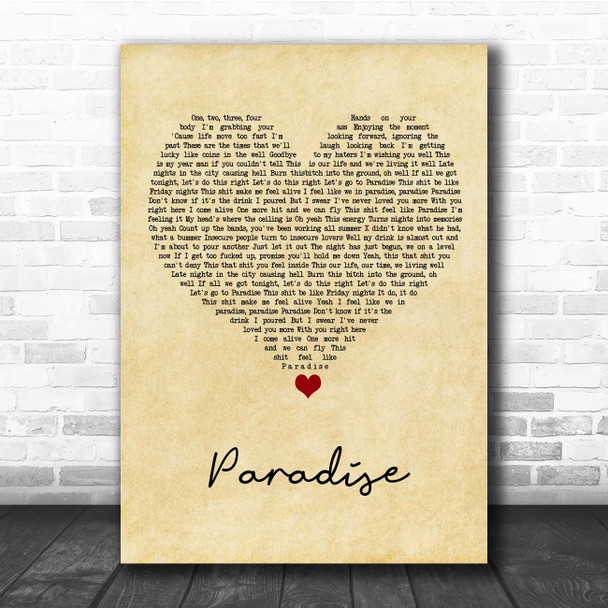 Bazzi Paradise Vintage Heart Song Lyric Print