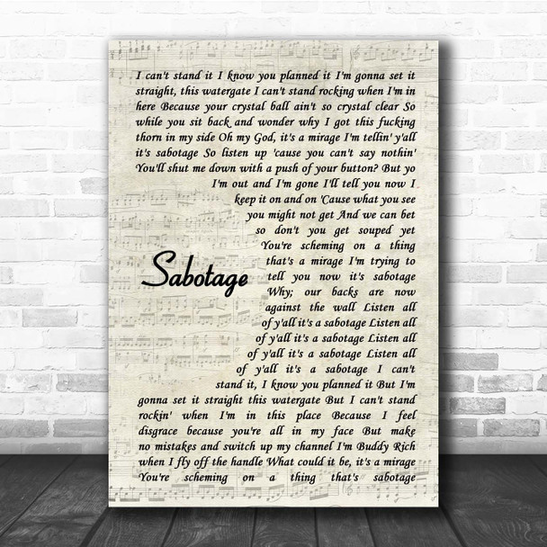 Beastie Boys Sabotage Vintage Script Song Lyric Print