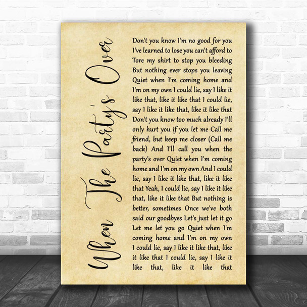 Billie Eilish When The Party's Over Rustic Script Song Lyric Print