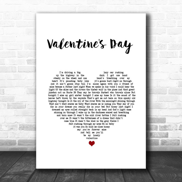 Bruce Springsteen Valentine's Day White Heart Song Lyric Print