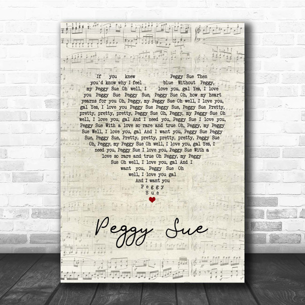 Buddy Holly Peggy Sue Script Heart Song Lyric Print