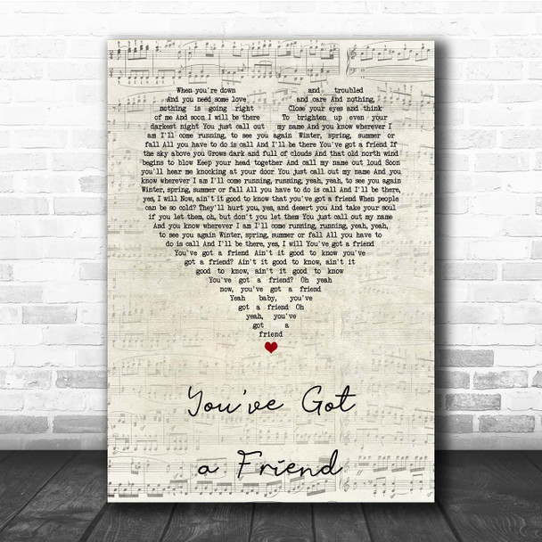 Carole King You've Got a Friend Script Heart Song Lyric Print