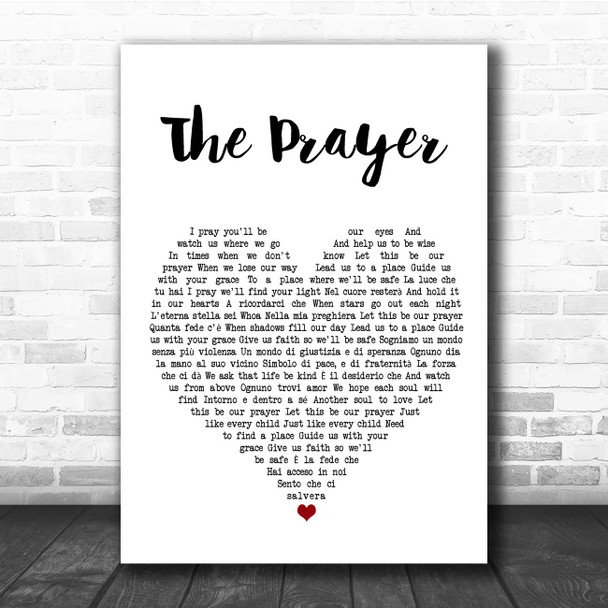 Celine Dion & Andrea Bocelli The Prayer White Heart Song Lyric Print