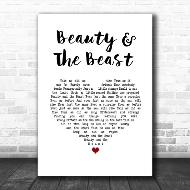 Celine Dion, Peabo Bryson Beauty & The Beast White Heart Song Lyric Print