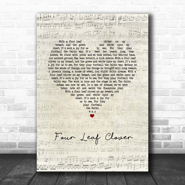 Celtic Songs Glasgow Celtic FC Four Leaf Clover Script Heart Song Lyric Print