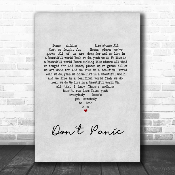 Coldplay Don't Panic Grey Heart Song Lyric Print
