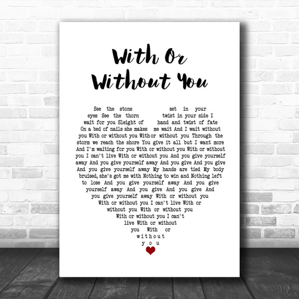 U2 With Or Without You Heart Song Lyric Music Wall Art Print