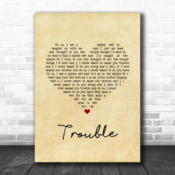 Coldplay Trouble Vintage Heart Song Lyric Print