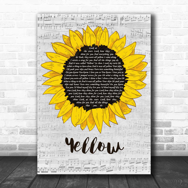 Coldplay Yellow Grey Script Sunflower Song Lyric Print