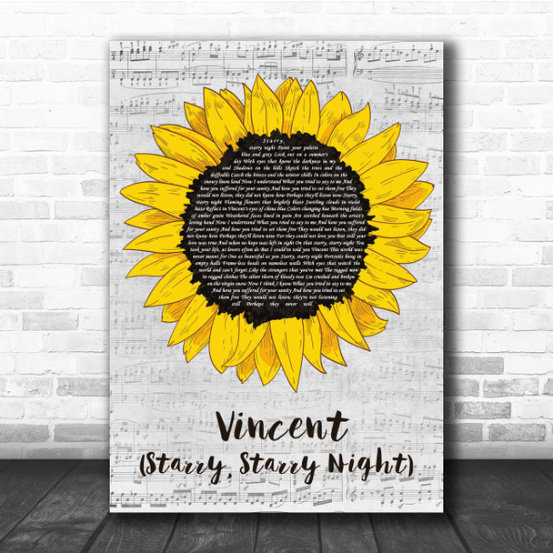 Don McLean Vincent (Starry, Starry Night) Grey Script Sunflower Song Lyric Print