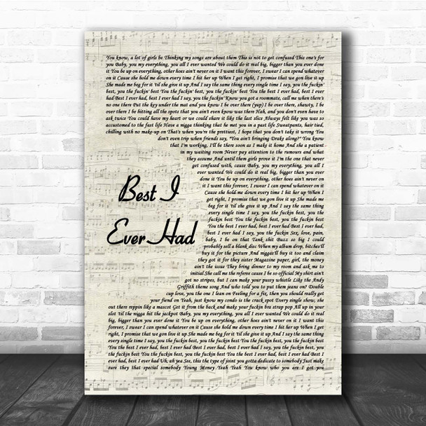 Drake Best I Ever Had Vintage Script Song Lyric Print