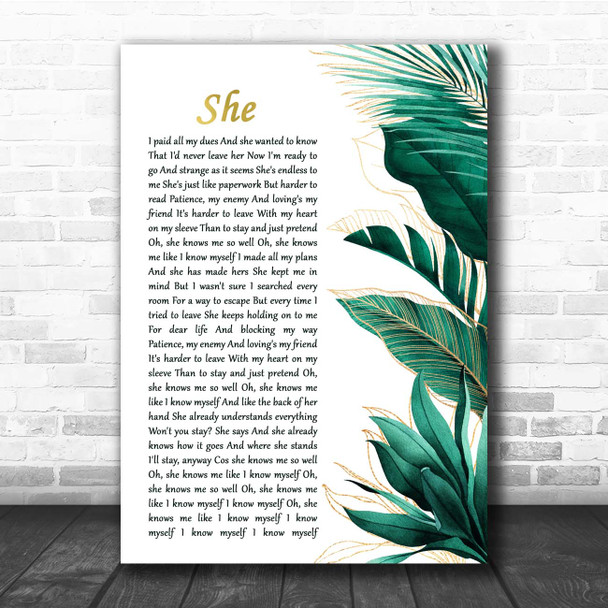 Ed Sheeran She Gold Green Botanical Leaves Side Script Song Lyric Print