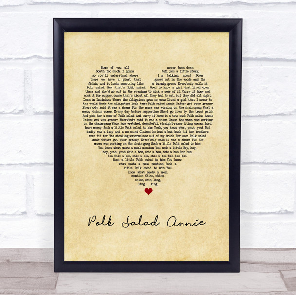 Elvis Presley Polk Salad Annie Vintage Heart Song Lyric Print
