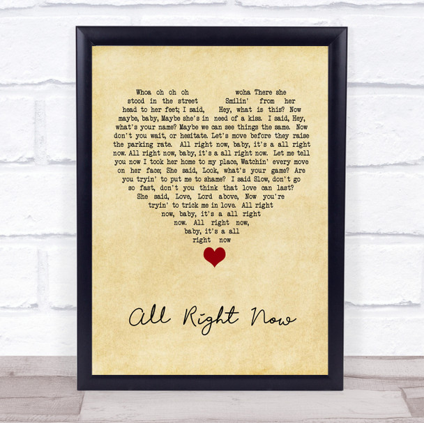 Free All Right Now Vintage Heart Song Lyric Print