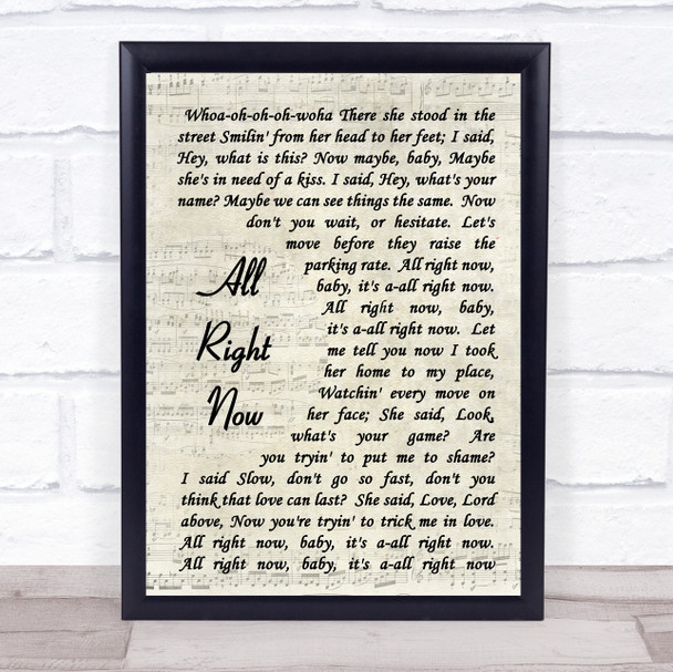 Free All Right Now Vintage Script Song Lyric Print