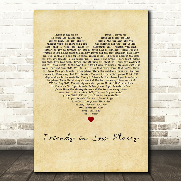 Garth Brooks Friends in Low Places Vintage Heart Song Lyric Print