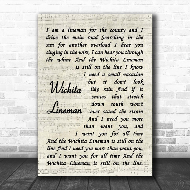 Glen Campbell Wichita Lineman Vintage Script Song Lyric Print