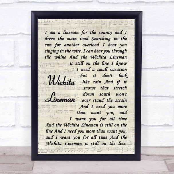 Glen Campbell Wichita Lineman Vintage Script Song Lyric Print