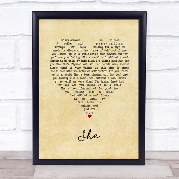 Green Day She Vintage Heart Song Lyric Print