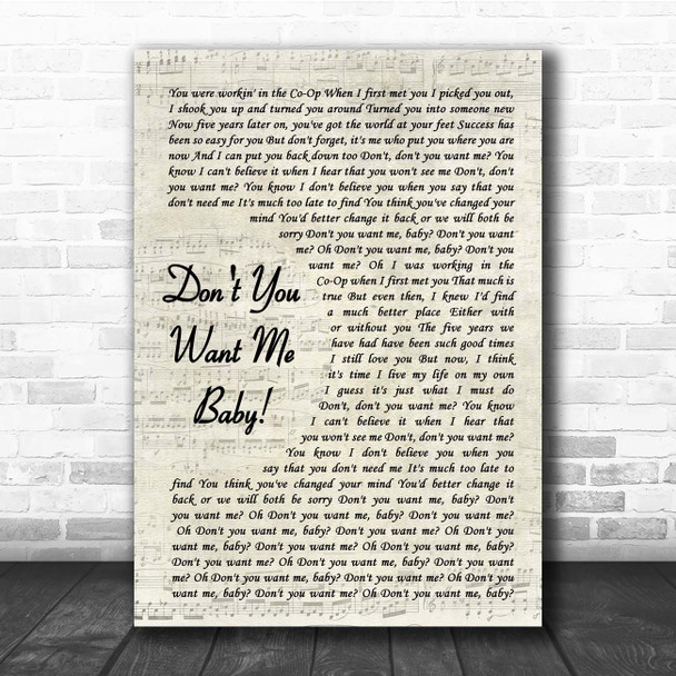 Human League Don't You Wan't Me Baby! Vintage Script Song Lyric Print