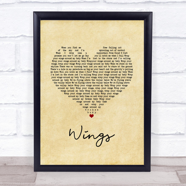 Hurts Wings Vintage Heart Song Lyric Print
