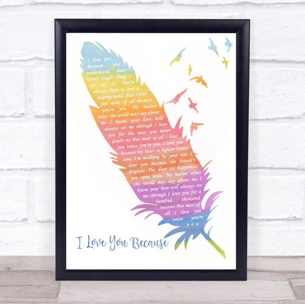 Jim Reeves I Love You Because Watercolour Feather & Birds Song Lyric Print