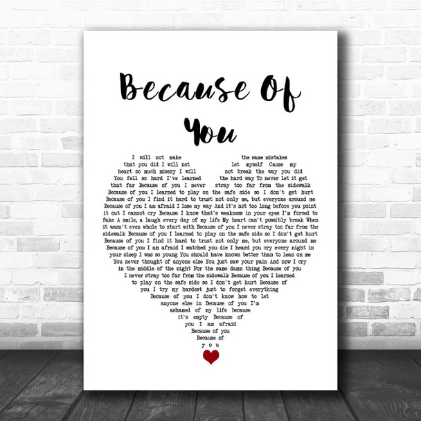 Kelly Clarkson Because Of You White Heart Song Lyric Print