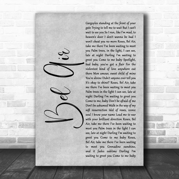 Lana Del Rey Bel Air Grey Rustic Script Song Lyric Print