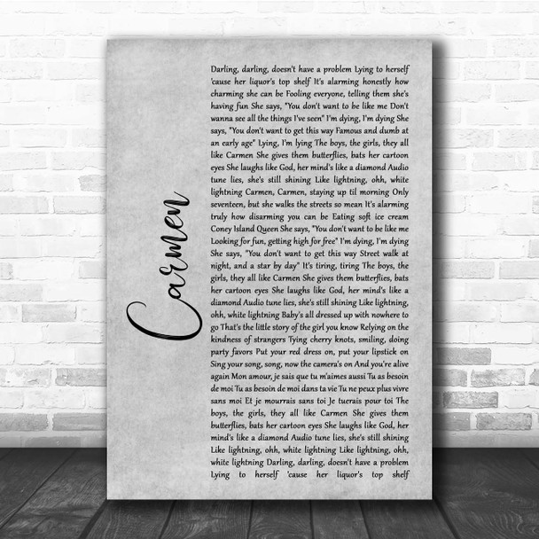 Lana Del Rey Carmen Grey Rustic Script Song Lyric Print