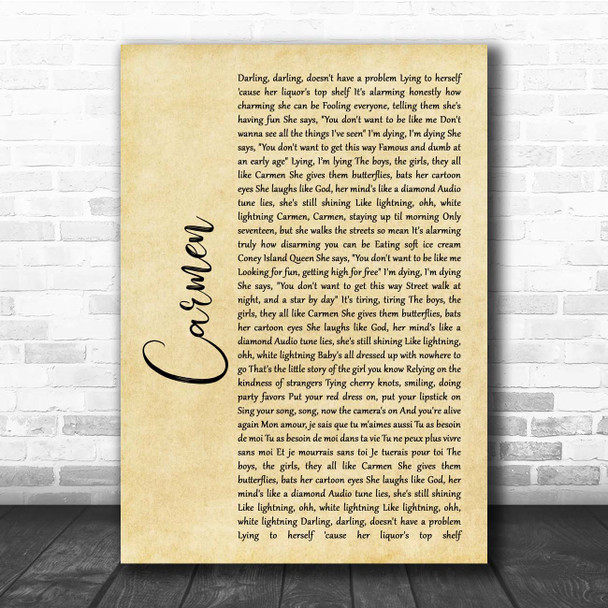 Lana Del Rey Carmen Rustic Script Song Lyric Print