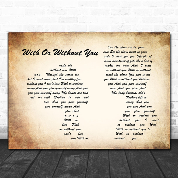 U2 With Or Without You Man Lady Couple Song Lyric Music Wall Art Print
