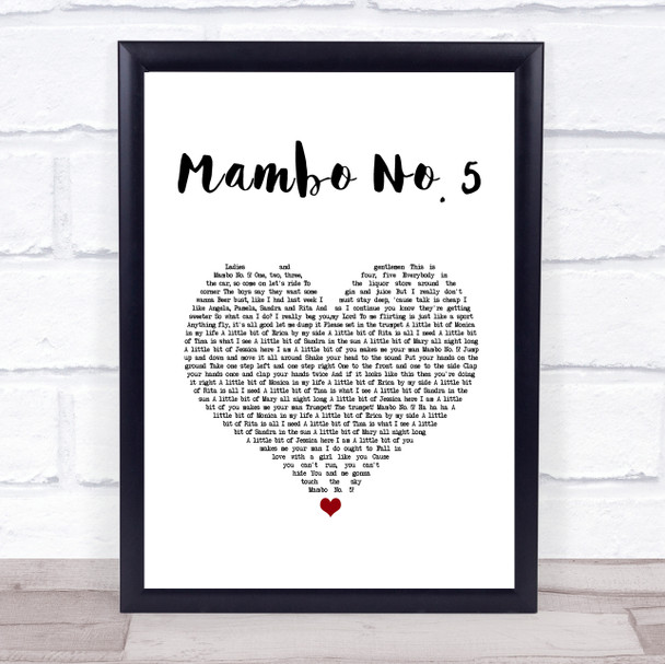 Lou Bega Mambo No. 5 White Heart Song Lyric Print