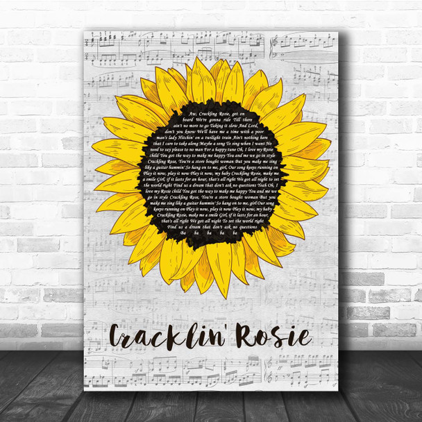 Neil Diamond Cracklin' Rosie Grey Script Sunflower Song Lyric Print