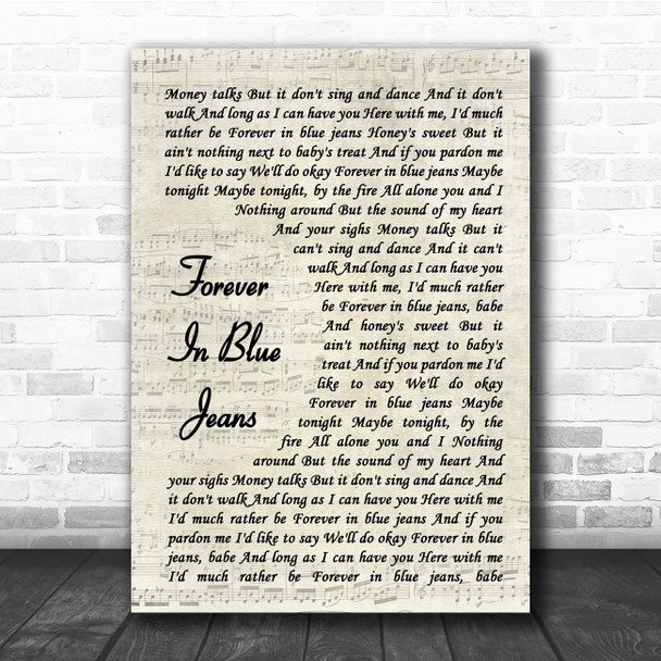 Neil Diamond Forever In Blue Jeans Vintage Script Song Lyric Print