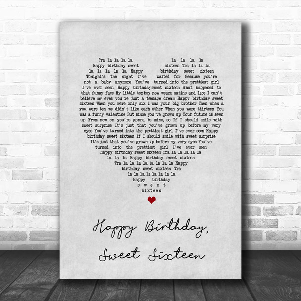 Neil Sedaka Happy Birthday, Sweet Sixteen Grey Heart Song Lyric Print