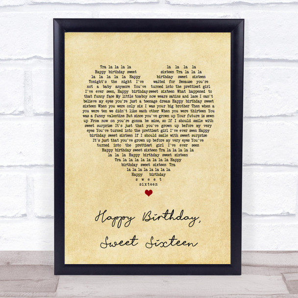 Neil Sedaka Happy Birthday, Sweet Sixteen Vintage Heart Song Lyric Print
