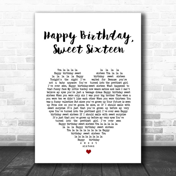 Neil Sedaka Happy Birthday, Sweet Sixteen White Heart Song Lyric Print