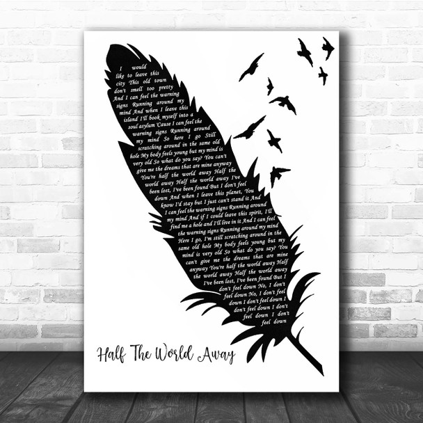 Oasis Half The World Away Black & White Feather & Birds Song Lyric Print