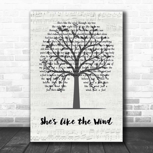 Patrick Swayze She's like the Wind Music Script Tree Song Lyric Print